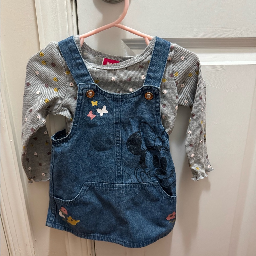 NWOT 12Month 2 piece Denim Overall Dress with Gray Long Sleeve